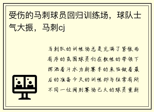 受伤的马刺球员回归训练场，球队士气大振，马刺cj