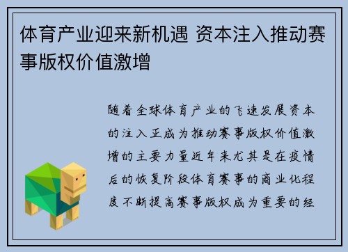 体育产业迎来新机遇 资本注入推动赛事版权价值激增
