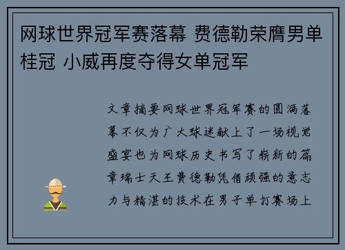 网球世界冠军赛落幕 费德勒荣膺男单桂冠 小威再度夺得女单冠军